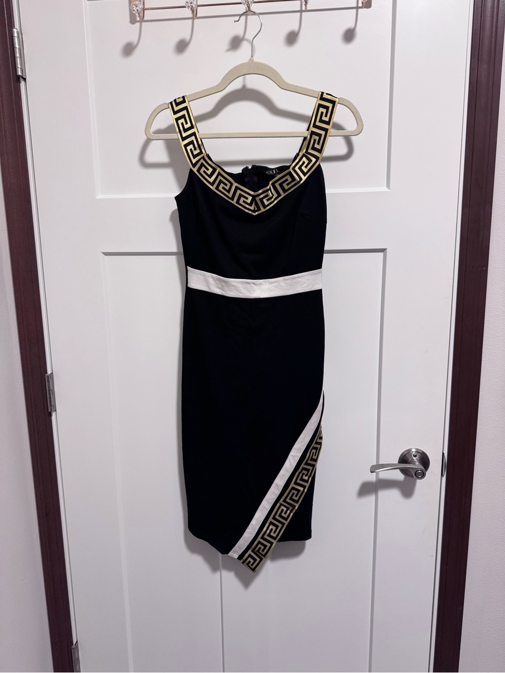 Black Dress with Gold Greek-Key Trim and White Accents